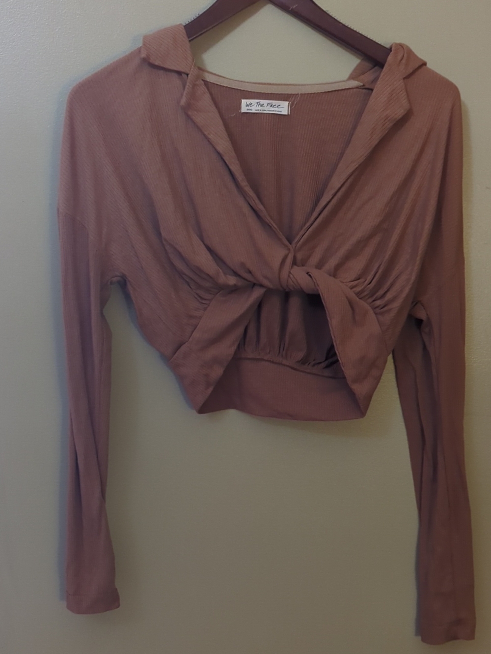 We The Free Dusty Mauve Tie-Front Ribbed Long Sleeve Crop Top